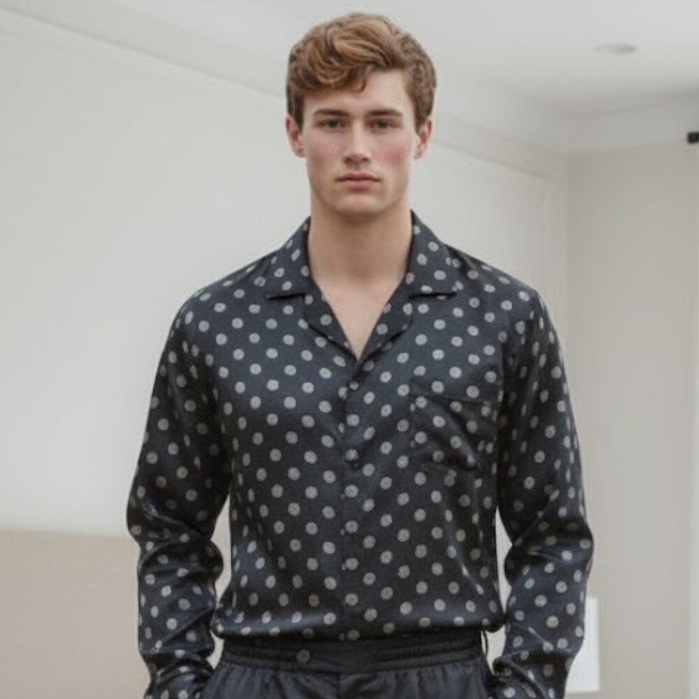 MEN'S ROBERT LOUIS BLACK PAJAMA SHIRT TOP SILK & POLYESTER